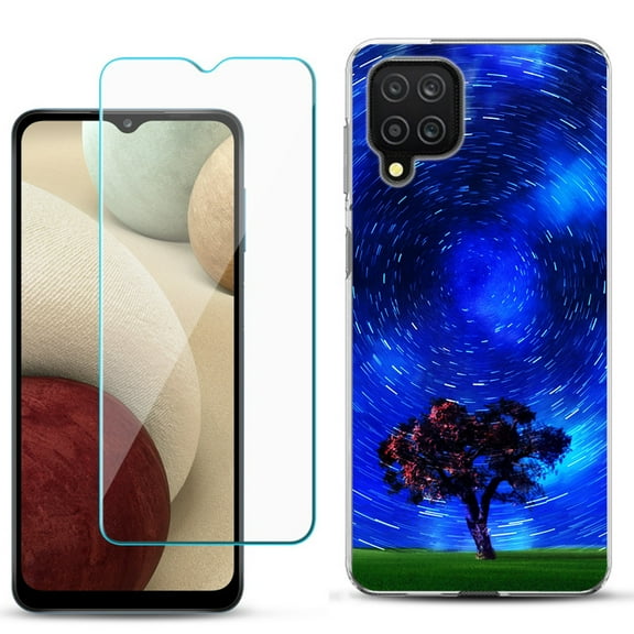 Slim-Fit Shockproof Phone Case compatible with Samsung Galaxy A12, with Tempered Glass Screen Protector, by OneToughShield ® - Star Trails Tree