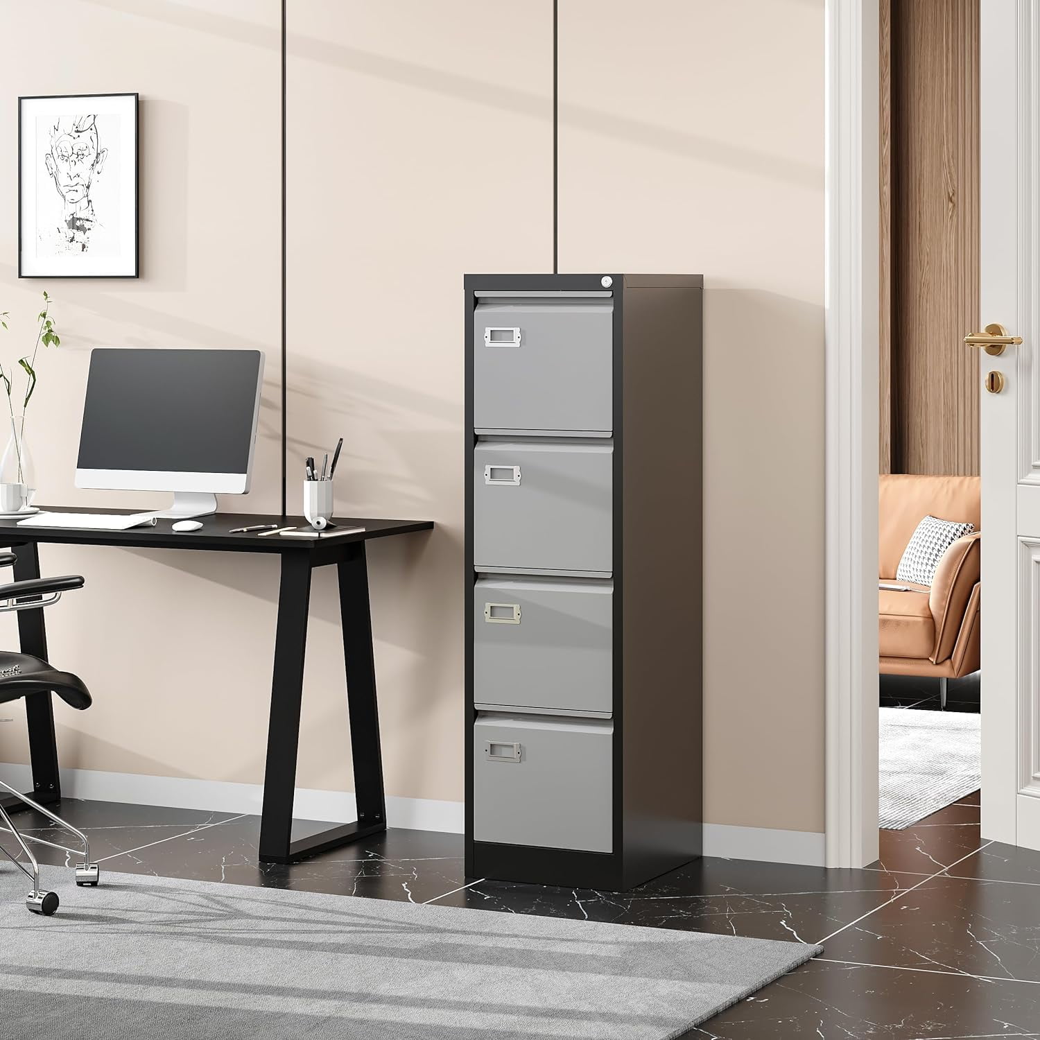 4 Drawer File Cabinet, Vertical Filing Cabinets with Lock, Metal File Cabinets for Home Office, Anti-Tip 4 Storage Drawers for Letter/Legal/A4/F4 Size (Assemble Required, Black)