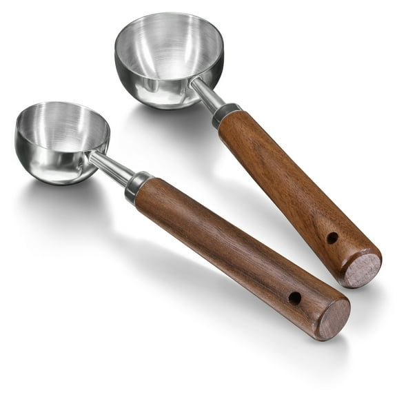 LELE LIFE 2Pcs Coffee Scoop for Ground Coffee - 1 Tbsp (15ml) & 2 Tbsp (30ml) Tablespoon Scoop, 304 Stainless Steel Coffee Measuring Spoon with Long Walnut Wood Handle, Silver
