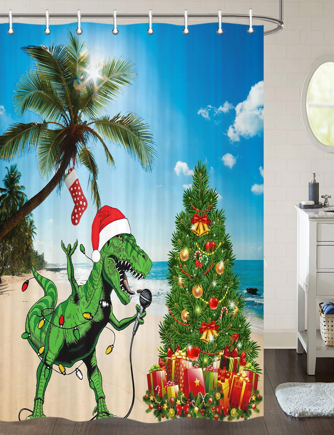 Funny Christmas Shower Curtain, Cute Dinosaur in Santa Hat Singing