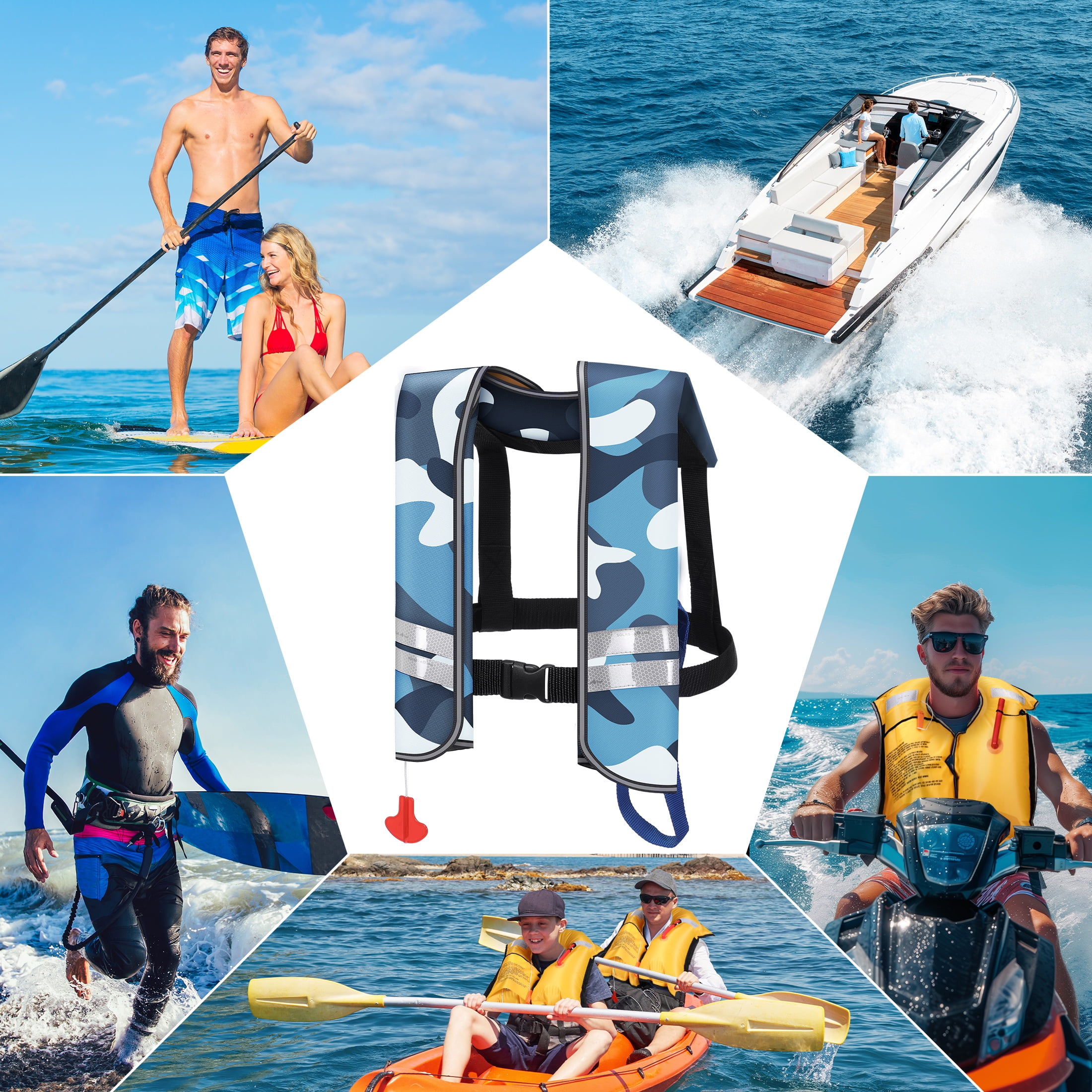 WARMOUNTS Automatic Inflatable Life Jacket w/ 5 Reflectors & Whistle, Adult PFD Survival Buoyancy Vest for Boating Fishing Sailing Kayaking for Men Women Max Waist Size: 50''