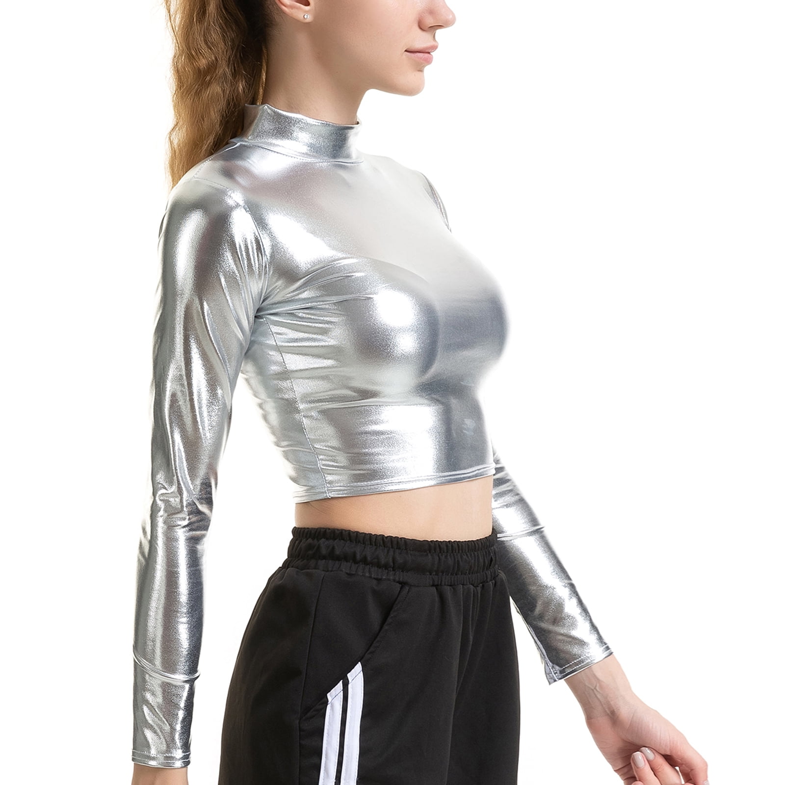 XUNZOO Women's Shiny Metallic Crop Top - Long Sleeve High Neck Rave Festival Clubwear (Pink, Medium)