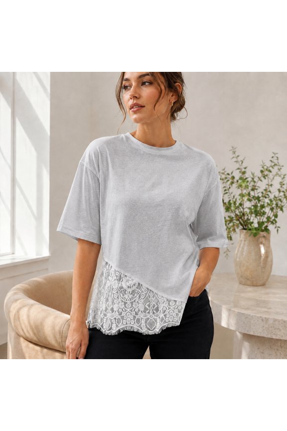 Lace Hem T-Shirt for Women, Moderately Stretchy Cotton Blend Crewneck Top with Drop Shoulders and Relaxed Asymmetrical Cut