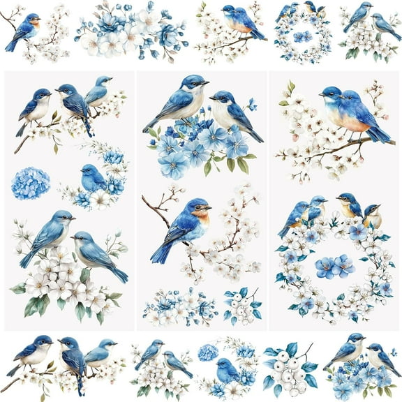 3Pcs Rub On Transfer Stickers Blue Flower Bird Pattern Waterproof Decals Furniture Craft for DIY Scrapbooking Photo Albums,15 * 30cm