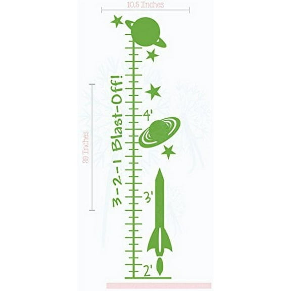 Blast Off Rocket Growth Chart Vinyl Decals Boys Wall Decor Sticker Art, 10.5x39-Inch Lime Green