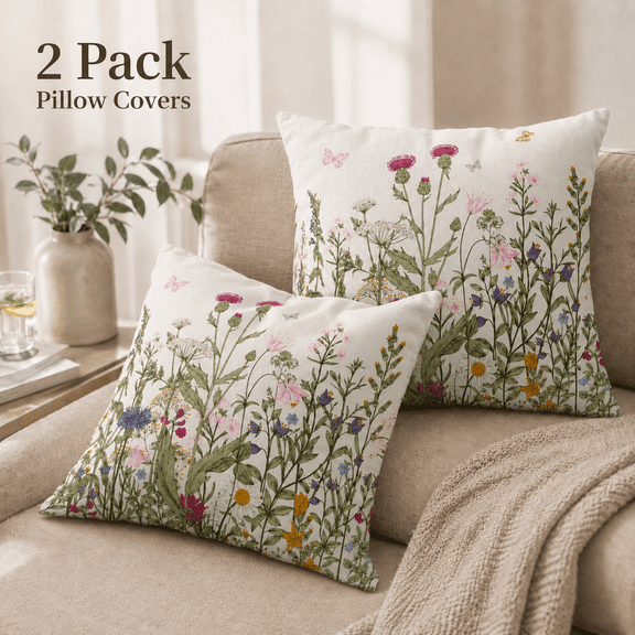 MORAVE Set of 2 18x18 Spring Vintage Floral Pillow Covers, Sage Green Wildflower Botanical Print Pillowcases, Rustic Outdoor Throw Pillow Cases for Farmhouse Sofa Couch Bed Summer Decor