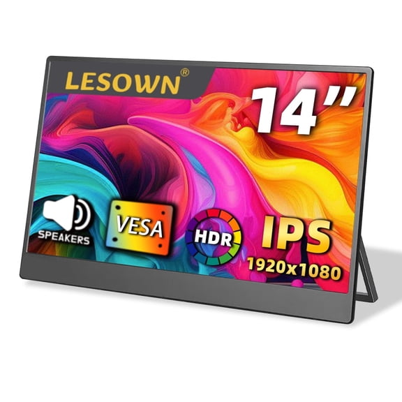LESOWN 14 inch Portable Wide Monitor 1920x1080 FHD IPS HDMI USB C Secondary LCD Screen External Display Built-in Speaker for Gaming Travel