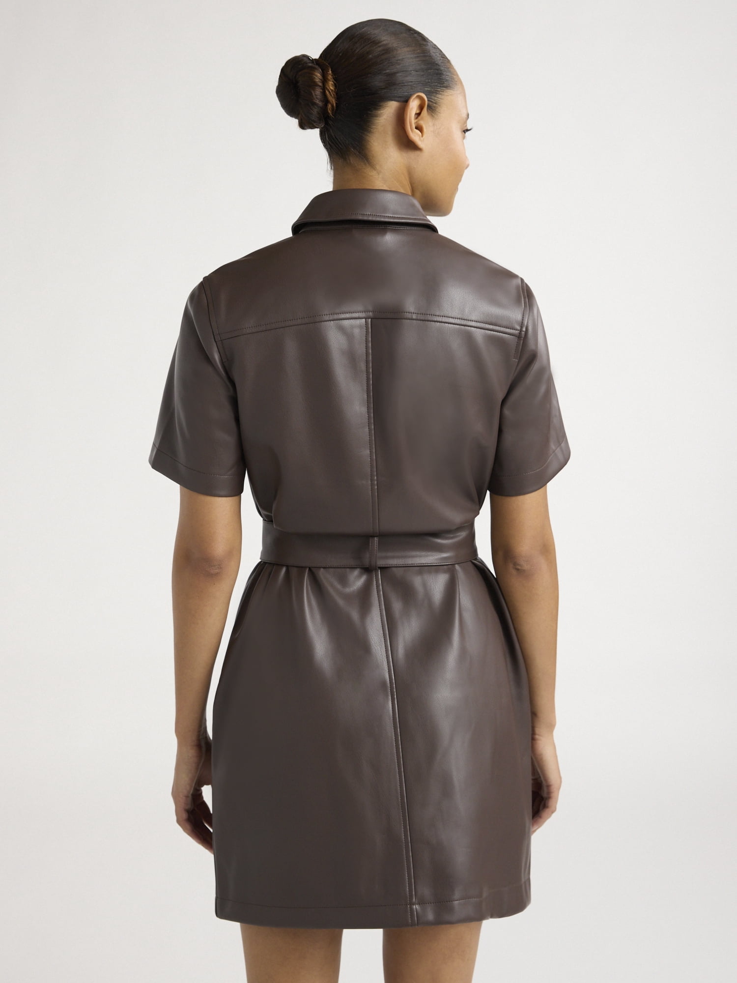 Scoop Women's and Women's Plus Faux Leather Collared Mini Shirt Dress with Short Sleeves, Sizes XS-4X