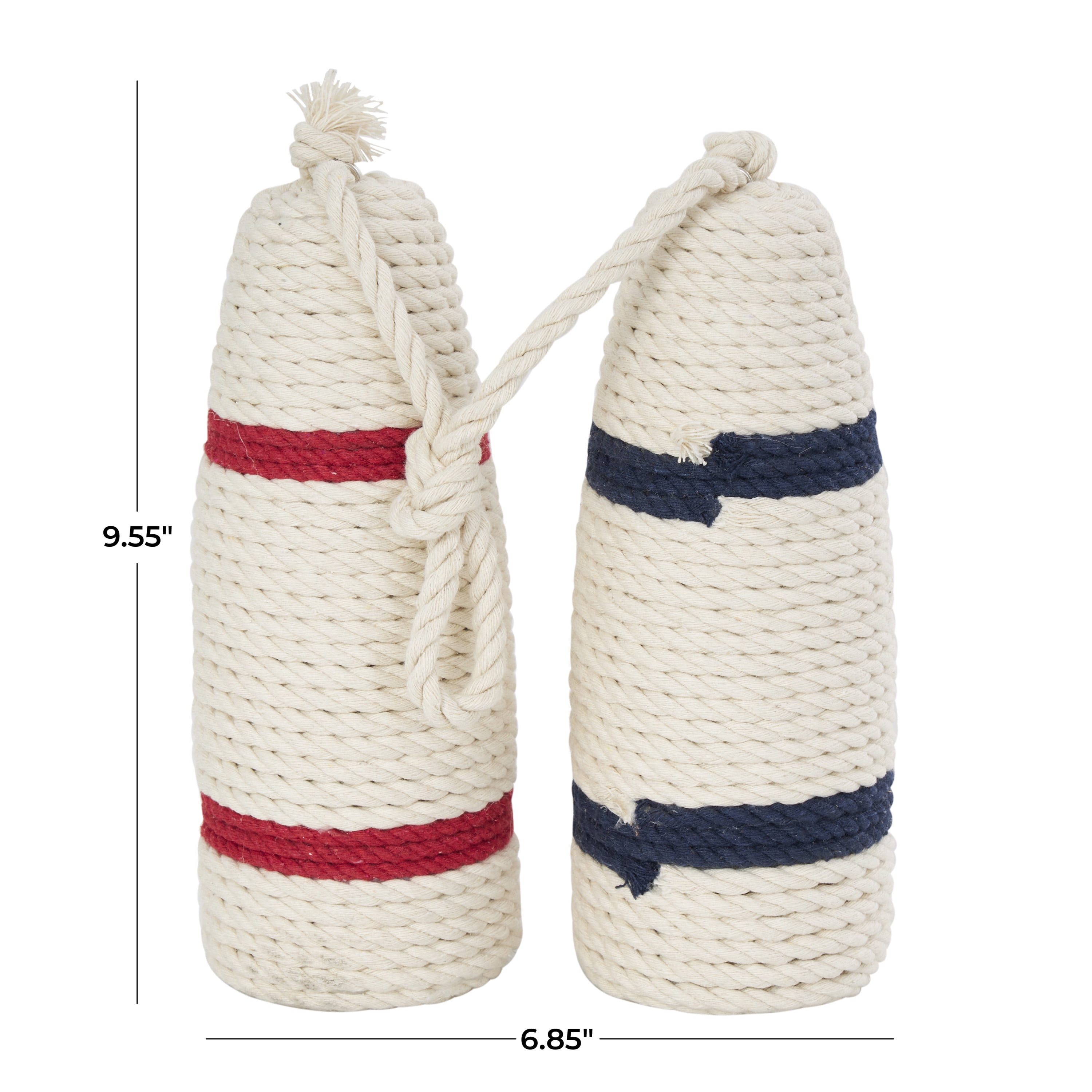 7"W, 10"H White Wood Handmade Coiled Striped Rope Buoy Sculpture with Joined Hanging Handle, by DecMode (2 Count)