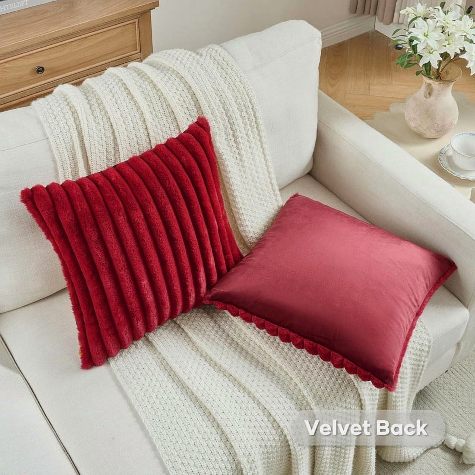 Throw Pillow Covers Decorative Faux Fur Set of 2 22 x 22 Inch Pillow Covers, Soft Wine Red Striped Outdoor Pillowcases for Couch Sofa Bed Living Room, Fluffy Cute Home Boho Accent Fuzzy Decor