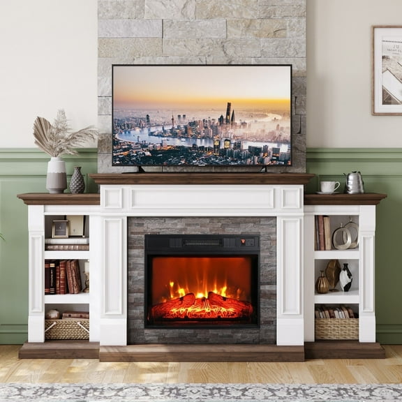 Holliwill 70" Mantel TV Stand Entertainment Center for TVs up to 80" with 23" Fireplace, White & Brown