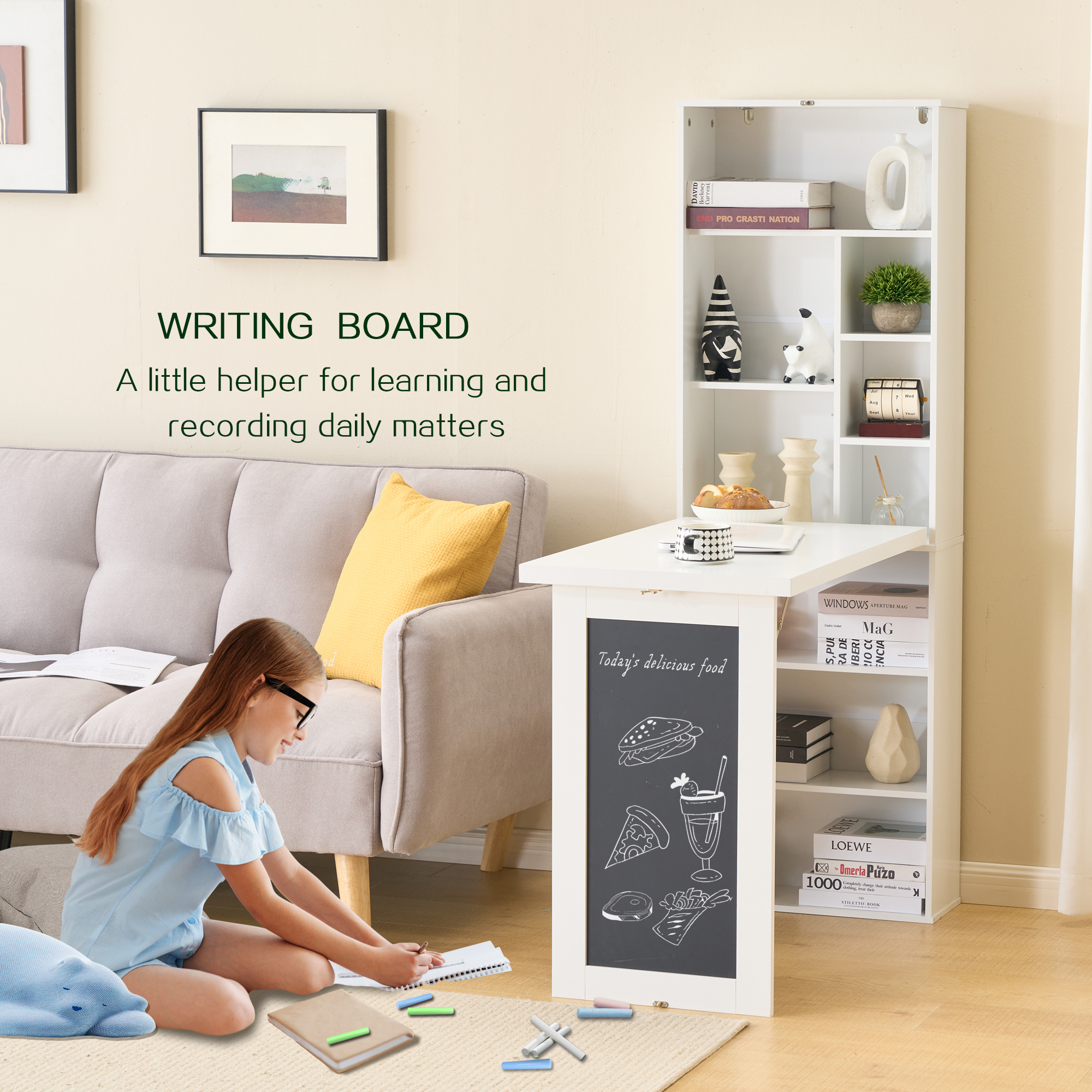 HOQBN Fold-out Convertible Writing Table,Wall Mount Desk Cabinet with Blackboard and Side Storage Shelf,Multi-Function Home Office Workstation Murphy Desk for Home Office,Space-Saving,White