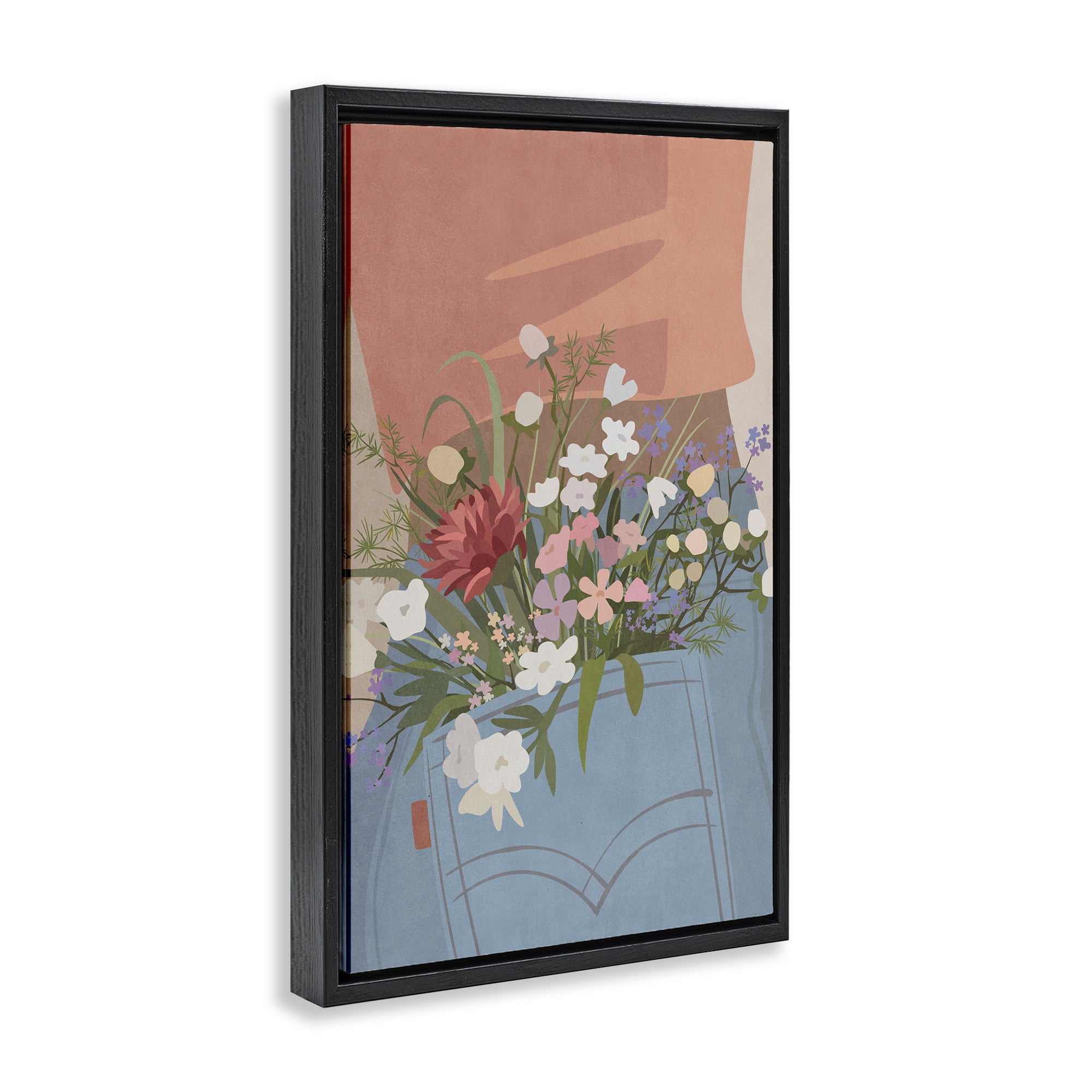 Stupell Industries Flowers in Jeans Pocket Plants & Flowers Painting Black Floater Framed Canvas Art Print Wall Art, 21 x 31