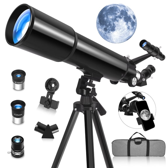 80mm Refractor Telescope for Adults and Kids, 600mm Astronomy Telescope, 24X-180X with Adjustable Tripod, Phone Adapter and Carry Bag