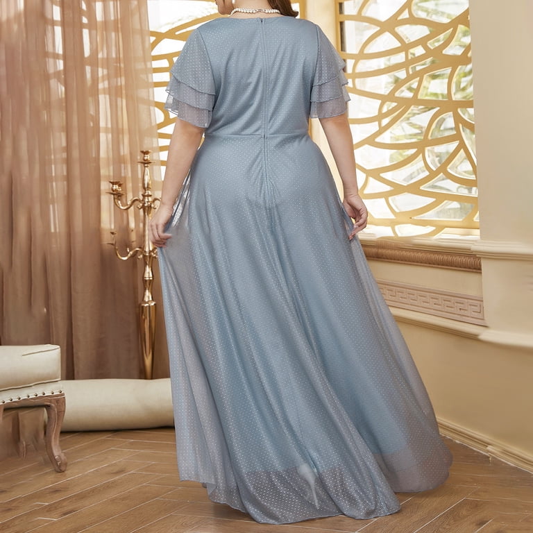 JGGSPWM V Neck Flutter Sleeve Bridesmaid Dress Long Chiffon Belted Evening  Formal Gown for Women Gray 2XL - Walmart.com
