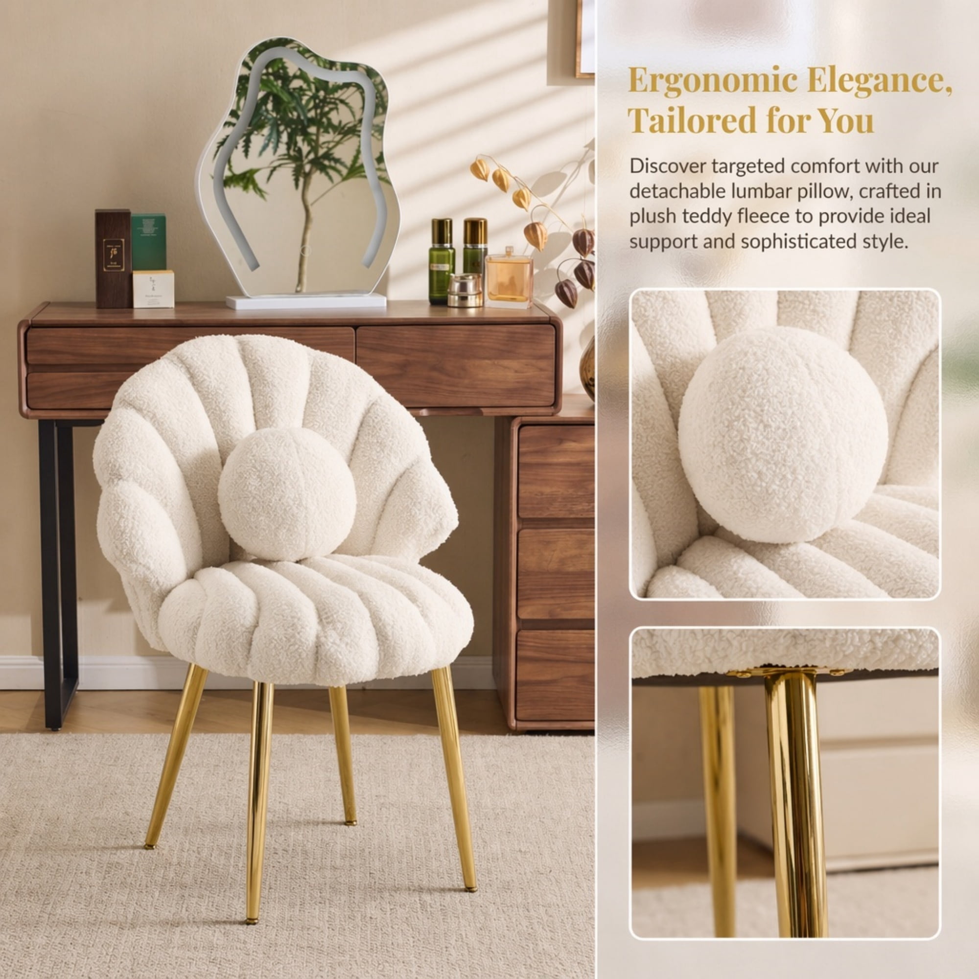 Ktaxon Vanity Makeup Chair with Teddy Velvet, Shell Design Accent Desk Chair with Lumbar Pillow and Gold Legs, Office Seating for Women Light Khaki