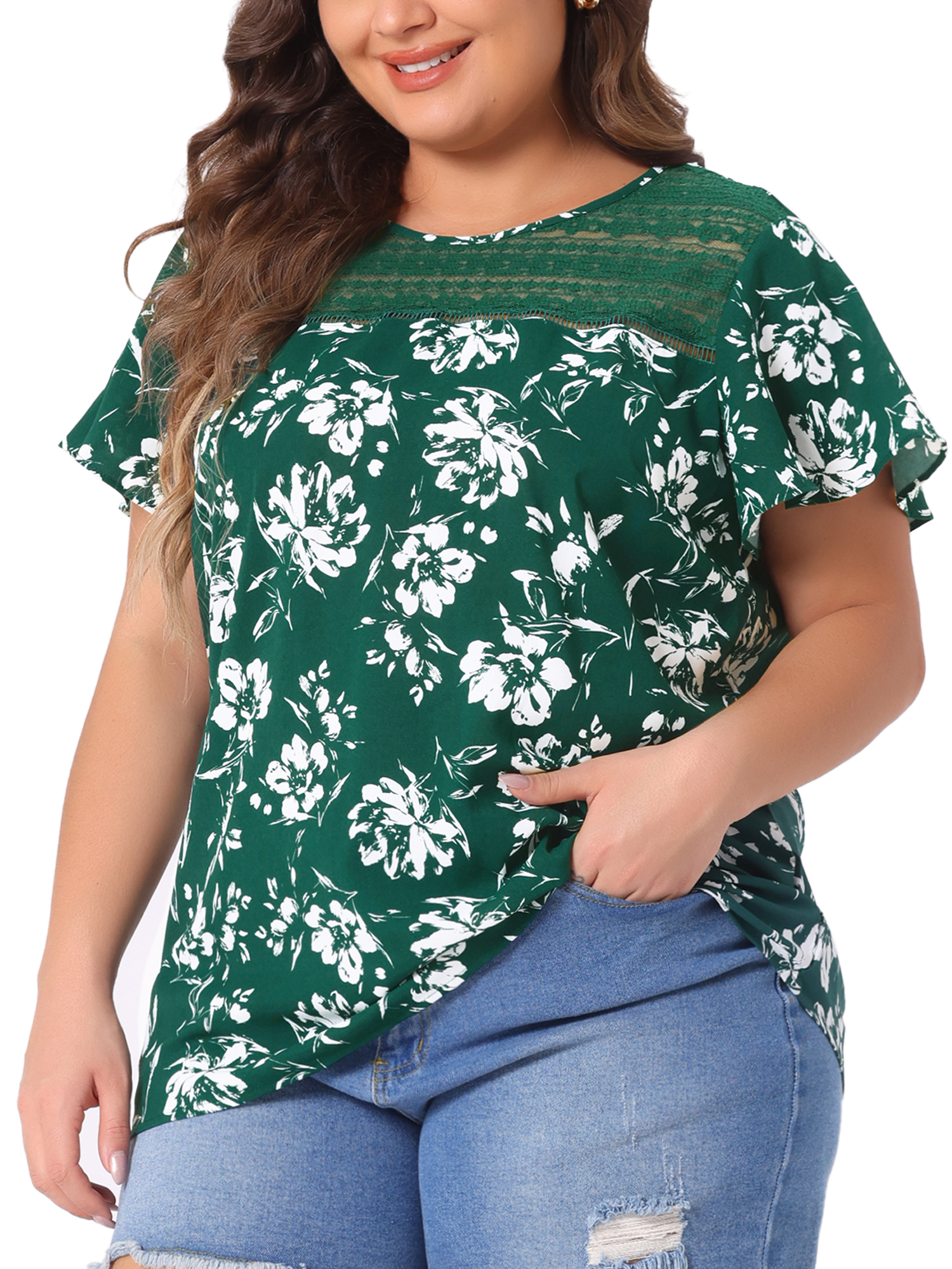 Unique Bargains Women's Plus Size Flared Sleeves Lace Panel Floral Tee 2X Green