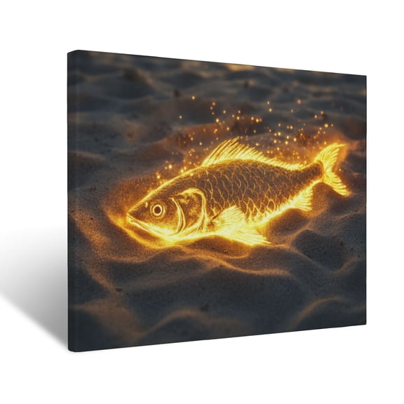 CozyNet Vibrant Glowing Fish Symbol In The Sand With Soft Golden Light Around It Wall Art Prints With Frame Canvas Perfect for Living Room & Bedroom, Ready to Hang, Wall Decor 16"x20"