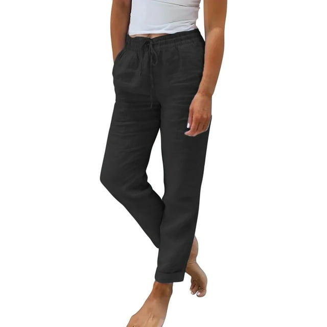 Ladies Elastic High Waist Wide Leg Pants - Cotton Linen, Retro Solid Color, All Season, Loose Straight Fit, Machine/Hand Wash, S-XXL Sizes