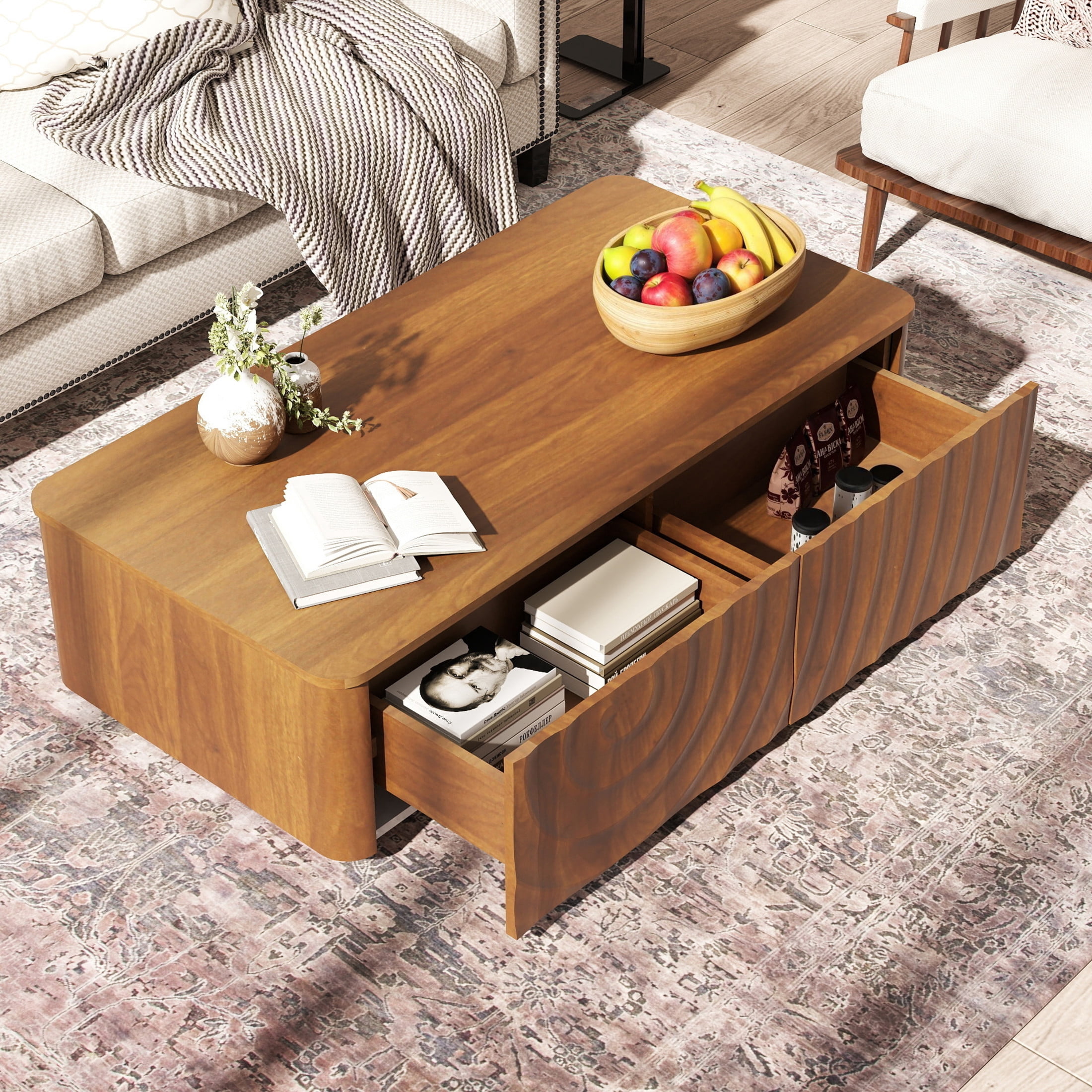 Noble House Onel Modern Coffee Table with Storage Drawers Rectangle Water Wave Texture Table for Living Room, Walnut