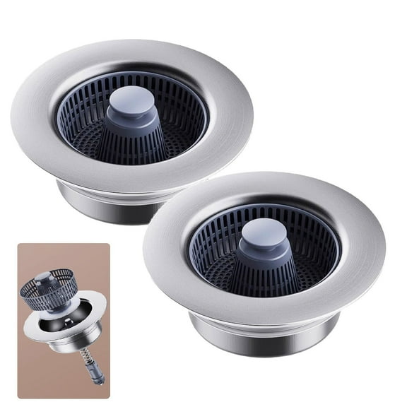 2 Pack Upgraded 3 in 1 Kitchen Sink Drain Strainer and Stopper Combo, Stainless Steel Metal Pop Up Sink Stopper, Anti-Clogging Basket Strainer with Handle for 3-1/2 Inch Drain