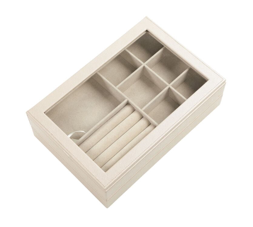 Hives and Honey Esther Womens Stackable White Jewelry Trays for Organizing with Glass Lid