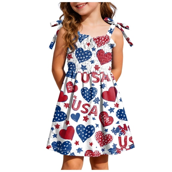 Dakiuu Toddler Little Girls 4th of July Outfit Summer Dress America Flag Butterfly Print Adjustable Spaghetti Strap Smocked Midi Sundresses Independence Day Clothes 1-6 Years