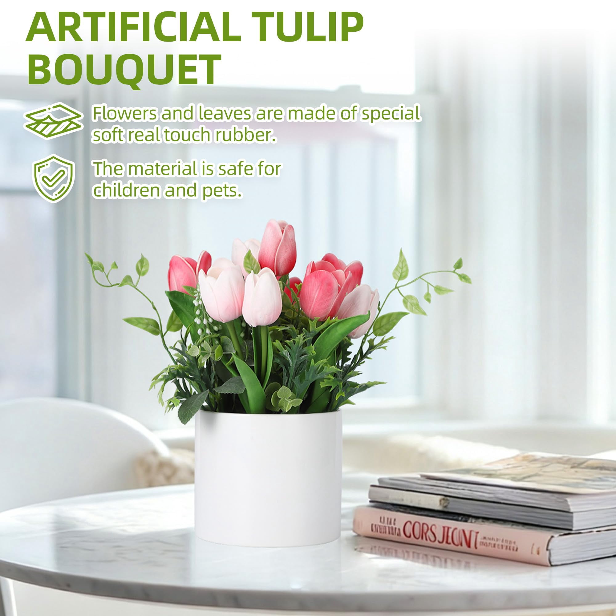 10 Pcs Artificial Tulips Flowers with Ceramic Pot, UV Protected PU Fake Floral Arrangement for Home Office Table Centerpiece, Mother's Day & Spring Decor,