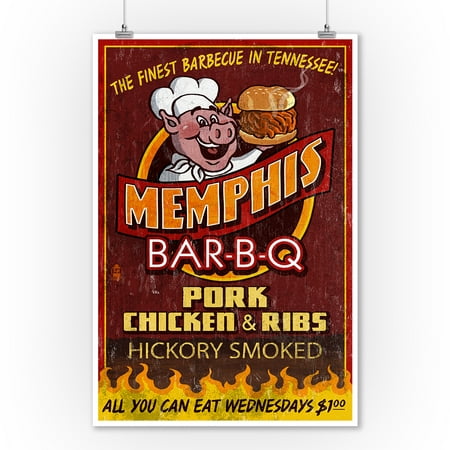 Memphis, Tennesseee - Barbecue Vintage Sign - Lantern Press Artwork (9x12 Art Print, Wall Decor Travel