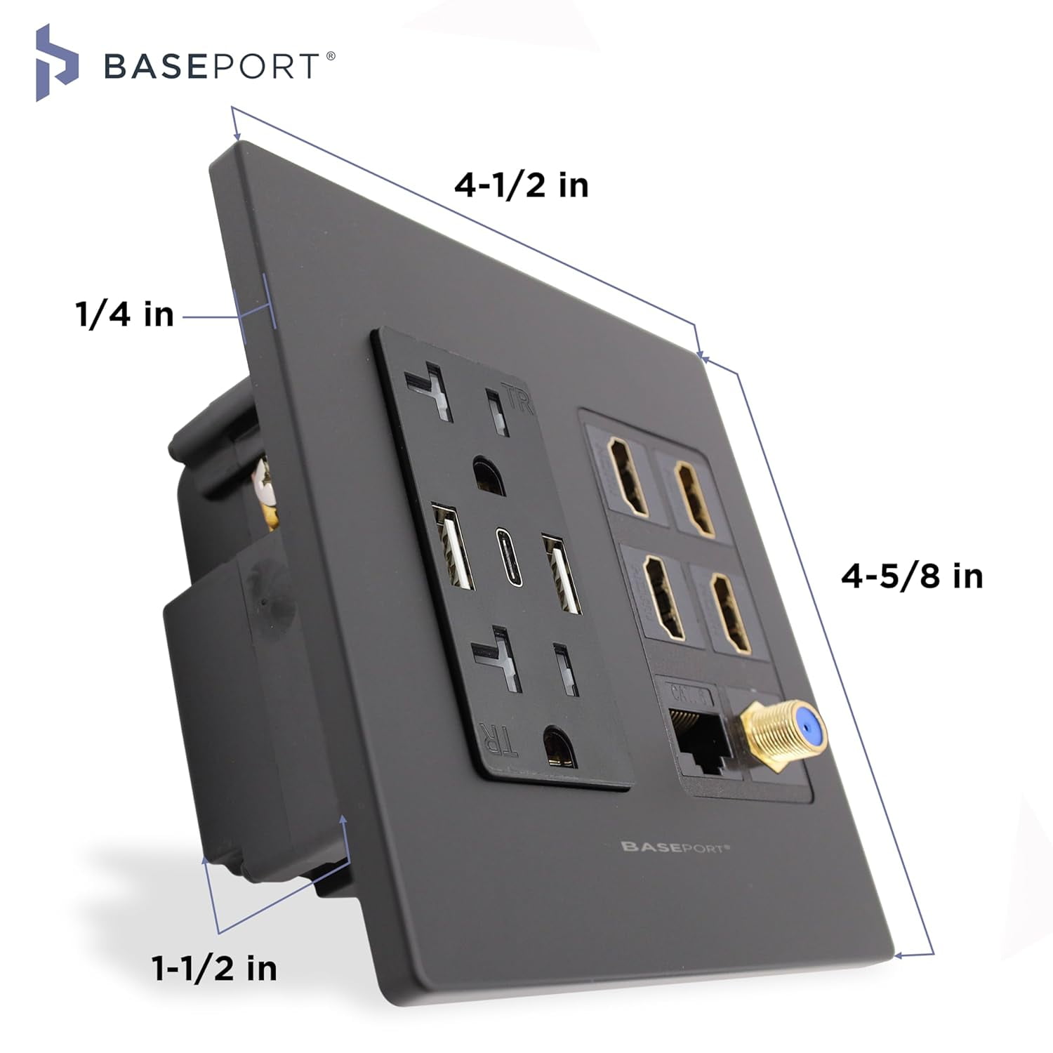BASEPORT Media Wall Outlet with USB Ports, HDMI, Ethernet, Coax Cable Connector, Black Wall Plates