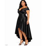 Plus Size Black Off-the-Shoulder High-Low A-Line Formal Dress, V-Neck Short Sleeve Evening Gown