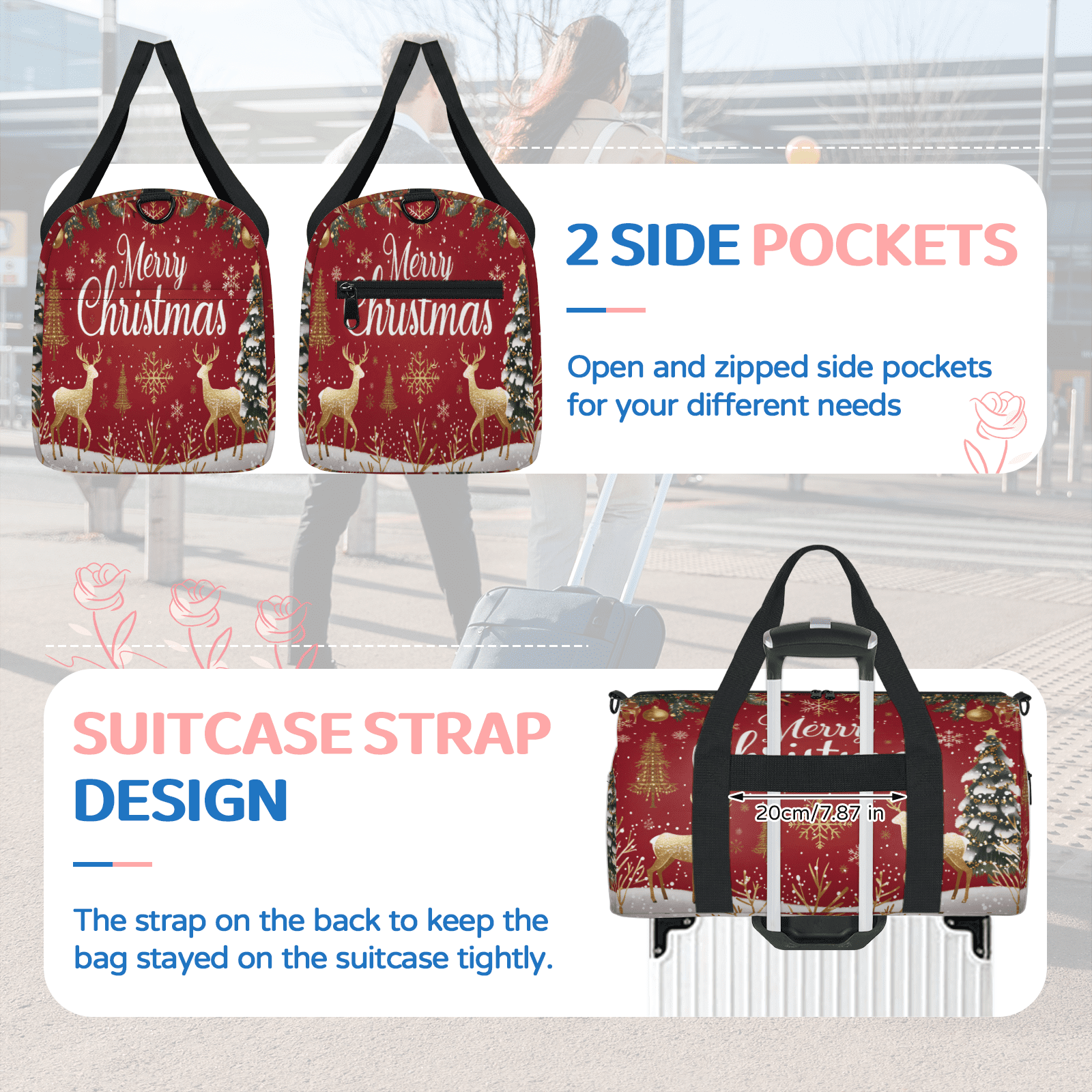 Herdesigns Christmas Themed Travel Duffle Bag Sports Yoga Weekender Overnight Carry on Workout Bags Lightweight Waterproof Gym Tote Bag for Women