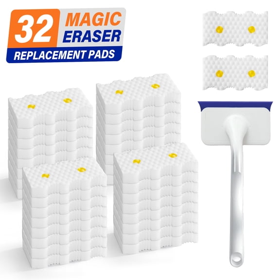 Eraser Sponge Refills for Magic Erasers Shower & Tub Scrubber, 32 Pack Lemon Scent Cleaning Sponges with Built-In Paste, High Density Bathroom Scrubber Replacement Pads, No Handle