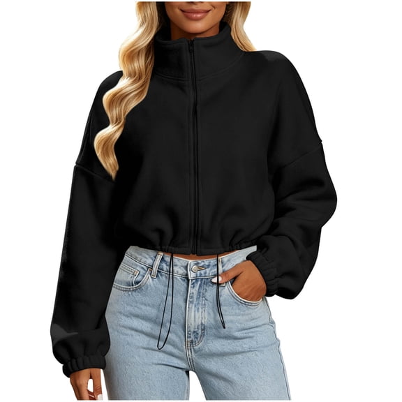 Biaocheng Women's Cropped Zip Up Jacket Casual Long Sleeve Stand Collar Drawstring Hem Solid Color Winter Outerwear for Work Daily Wear Travel