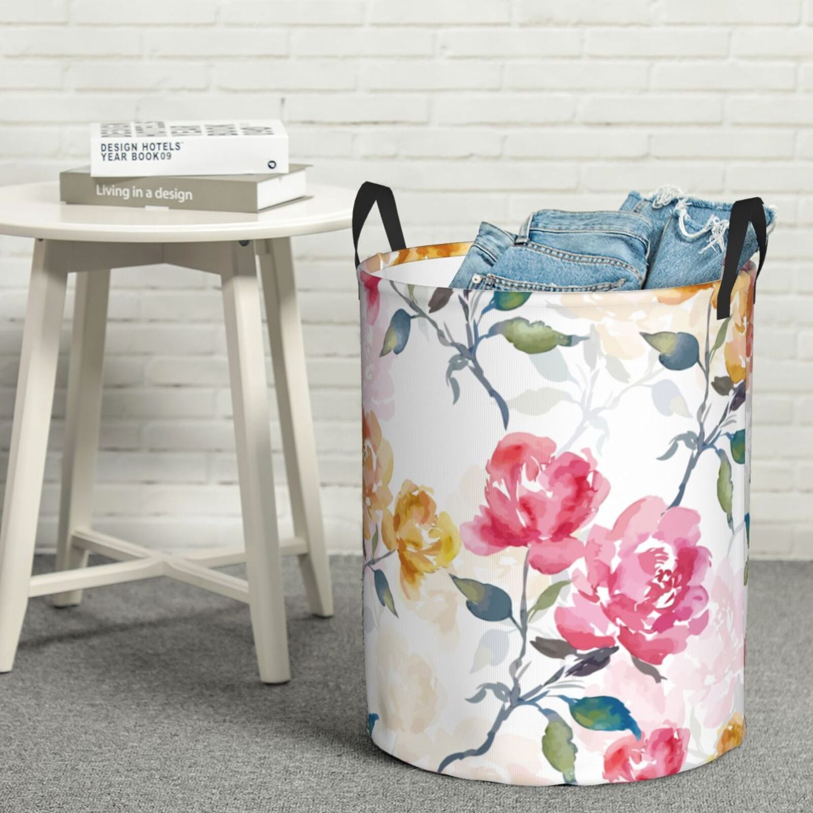 Rateoe Colorful Flowers Pattern Round Laundry Hamper Basket, Tall Hamper Basket for Blanket Storage, Nursery Clothes Hamper for Laundry in Bedroom and College Dorm-Medium