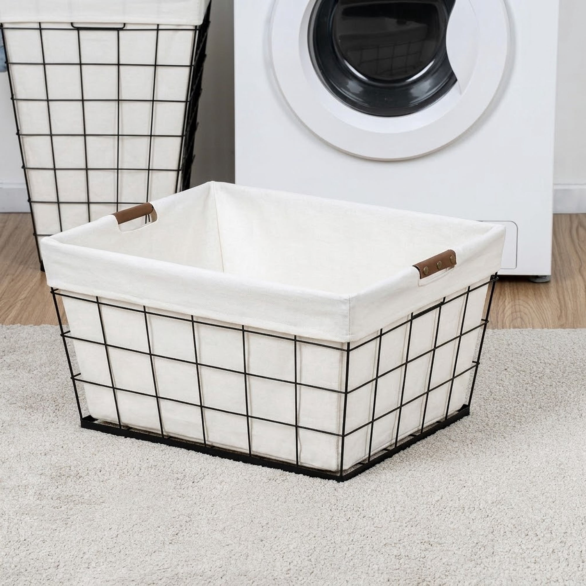(2 pack) Better Homes & Gardens 60L Rectangular Steel Laundry Basket, Black & Natural, Adult