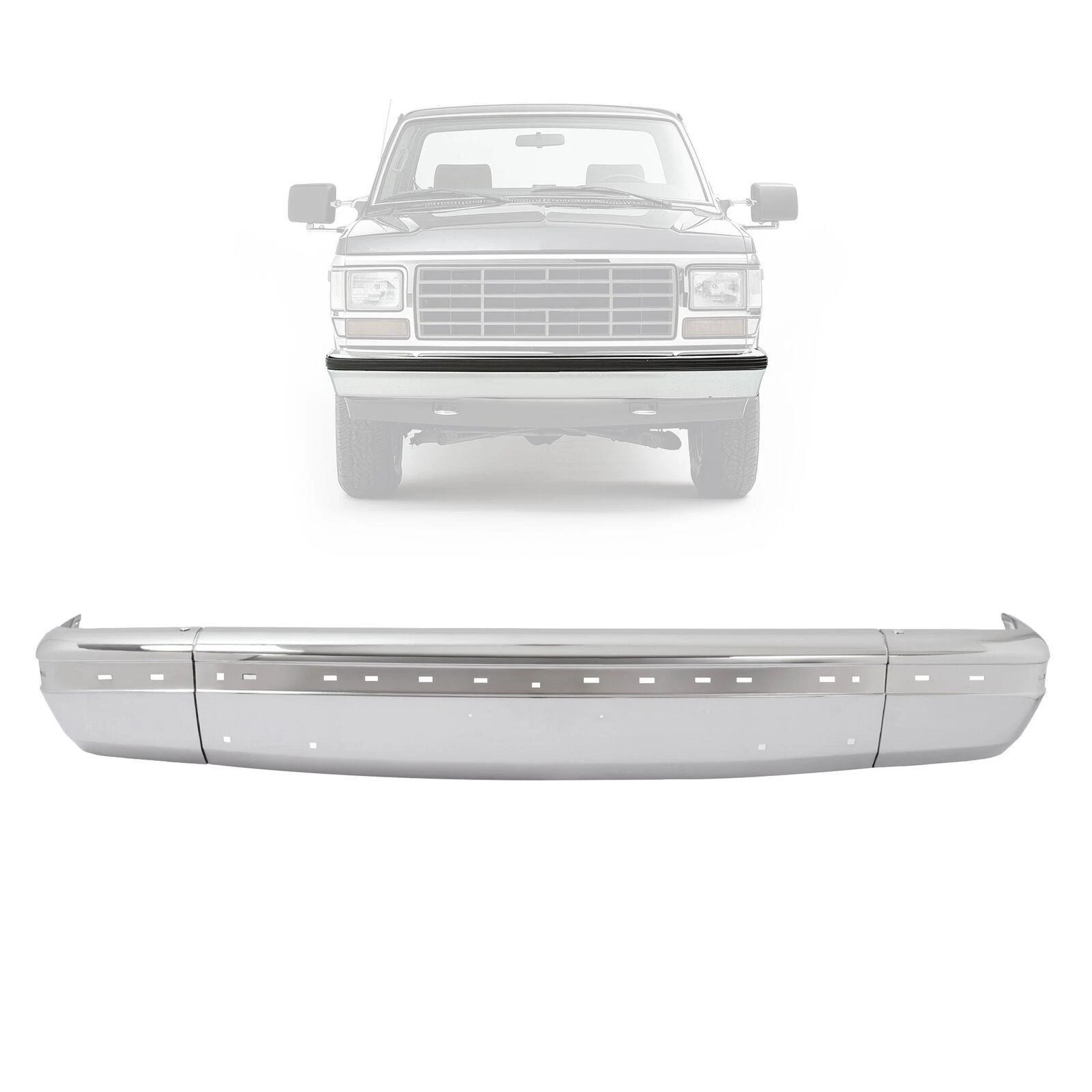 Kojem  Front Bumper for 1987-1991 Ford F-150 F-250 F-350 Steel With Molding Hole Chrome