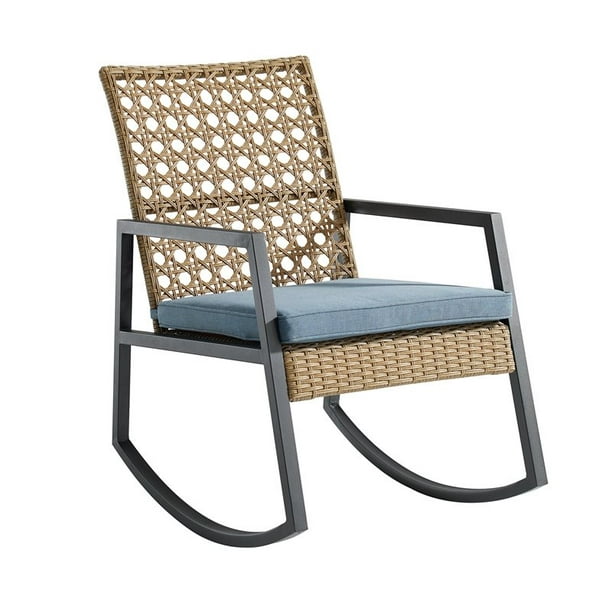Modern Rattan Patio Rocking Chair With Cushion Light Brown Blue Com - Light Brown Rattan Garden Furniture
