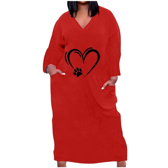 WRKEKC Plus Size Dresses Print Long Sleeve V-Neck Maxi Dress for Fall Winter Soft Fabric All Over Print with Side Pockets and Elastic Waist for Comfort