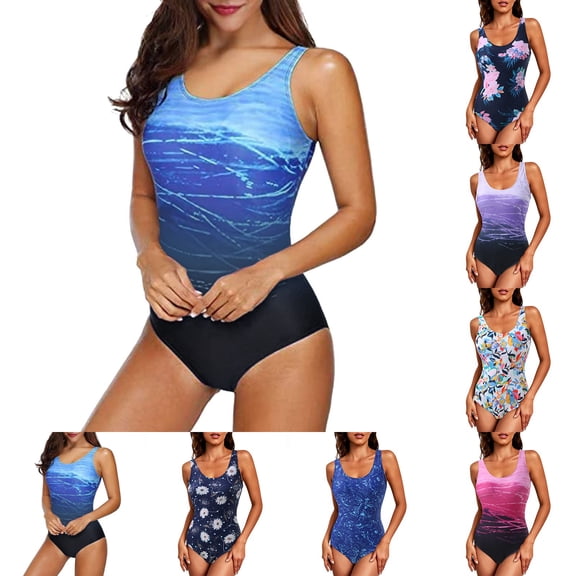 Tqyyweavej One Piece Swimsuit Women Tummy Control Print Strap Beach Swimwear Color Block Sleeveless Tight Bathing Suits for Women S-XL