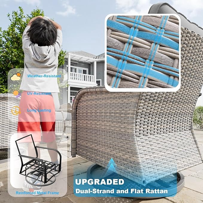 Muphyers 3-Piece Swivel Rocker Chairs Set, Rattan Patio Furniture Set with 4" Thick Cushions & Double-Layer Tempered Glass Table, Outdoor Conversation Set for Deck Porch,Gray