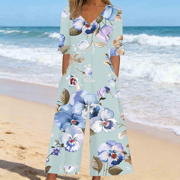 JUSLIO Women Jumpsuits Zipper Random Print Comfort Waist V-Neck with Pockets Fashion Casual Jumpsuits