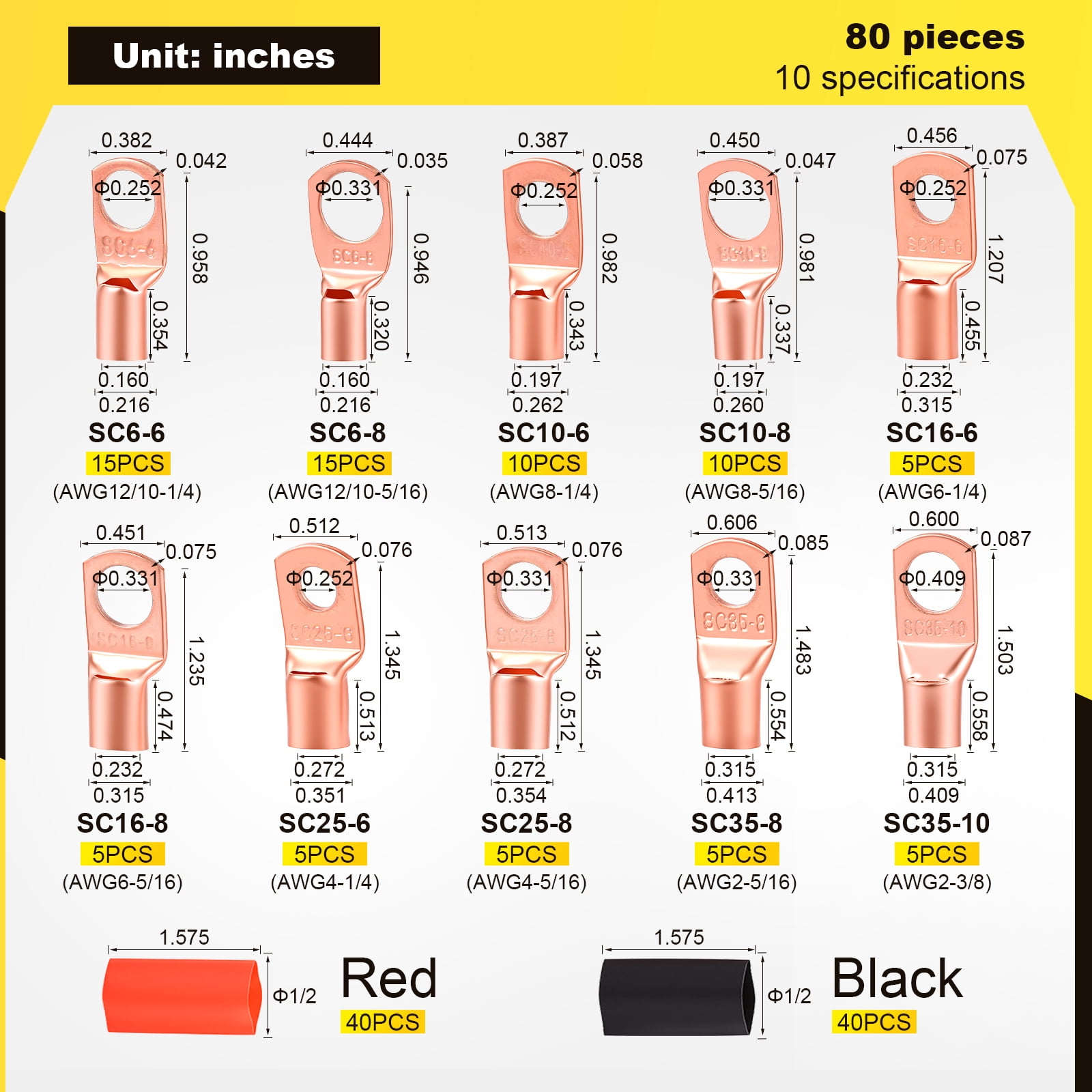 160Pcs Copper Wire Lug Kit Thickened Design AWG 2 4 6 8 10 12 Gauge Battery Cable Lugs with 80 Pcs 3:1 Heat Shrink Tubing - Marine Solar Automotive Wire Connectors