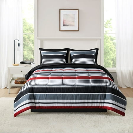 Mainstays 7-Piece Reversible Bed in a Bag Comforter Set with Sheets, Red and Black Stripe, Queen