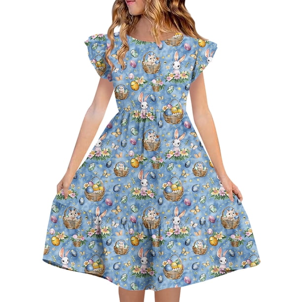 Vestido de Verano de Manga Corta Vestido de Manga Plisada de Doble Capa de Impresión de Verano para Niños de 5-14 Años