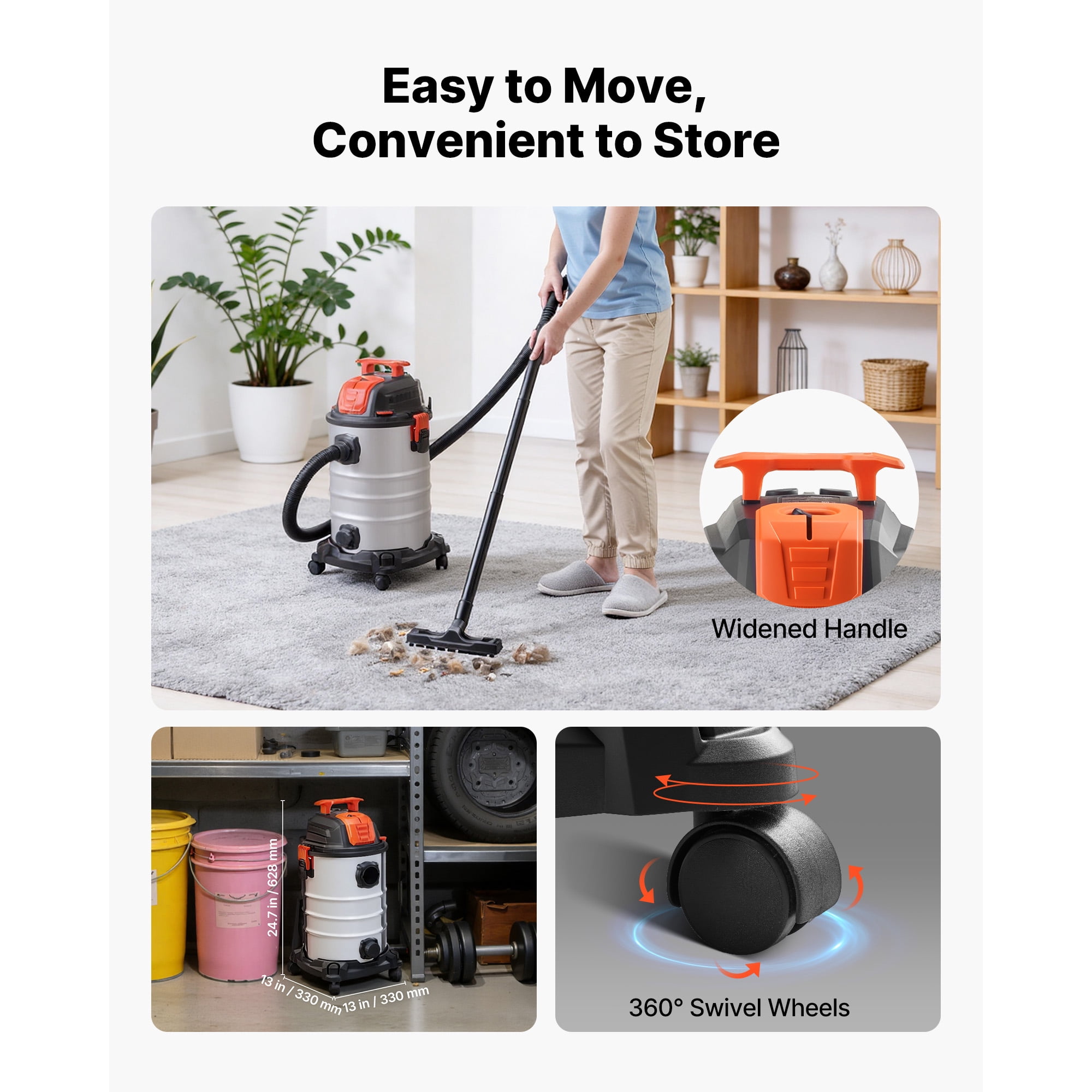 VEVOR Stainless Steel Shop Vac, 8 Gallon Wet Dry Shop Vacuum, 6 Peak HP with One-Button Self-Cleaning, Dual-Filter, 900W Input Power, 1.25in x 7ft Hose, 9.8ft Cord, Metal Tank for Jobsite, Workshop,