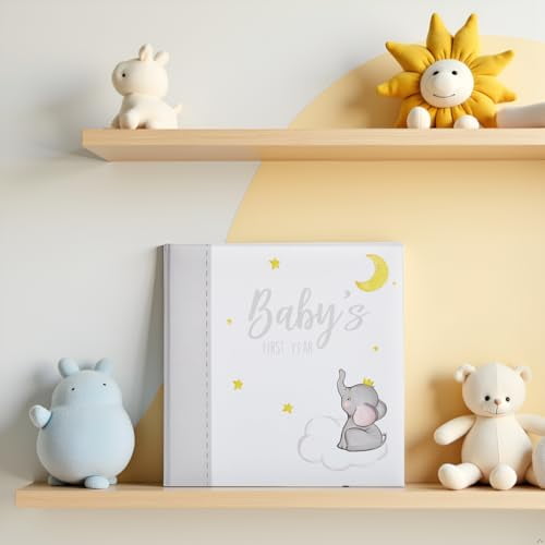 Baby’s First Year Baby Memory Journal, Gender-Neutral Keepsake, Baby Milestone Memory Book and Photo Album, Perfect for Baby Showers, For New and Expecting Parents, Sky and Elephant