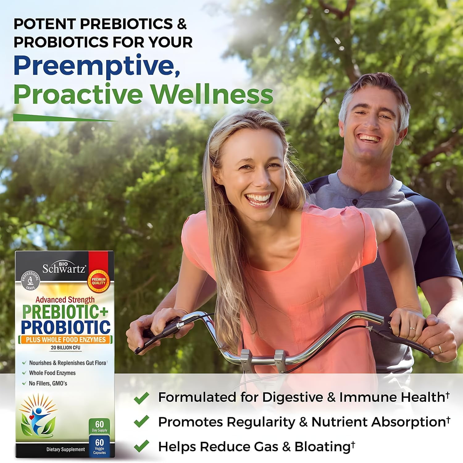 BioSchwartz Prebiotics and Probiotics with Digestive Enzymes for Adults, 60 Capsules
