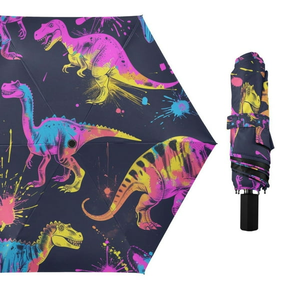 Neon Funny Dinosaurs Compact Sun Umbrella Windproof Travel Umbrellas for Rain Strong Portable UV Protection