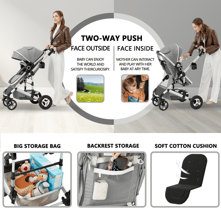 Aileekiss 2 in 1 Convertible Baby Stroller Unisex Folding Infant Newborn Bassinet Pram Light Grey Gray